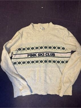 PINK Victoria's Secret Cream Crewneck Sweater with Green & Pink Stripes